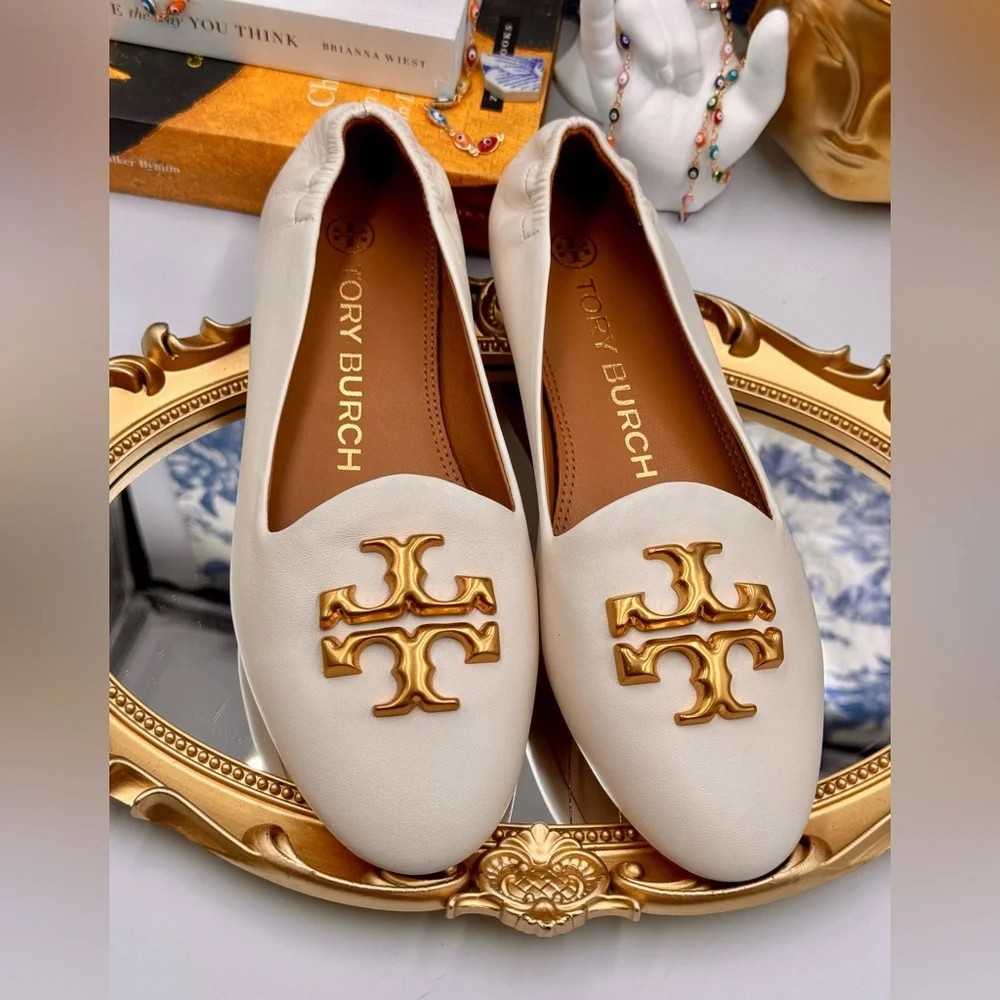 🆕 TORY BURCH 🧿 NWOB Eleanor White Leather Smoking Slipper Loafers, Sz US 6